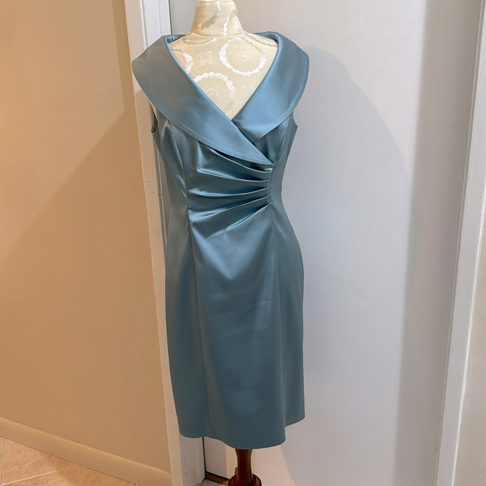 Silk Misty Blue Portrait Collar Ruched Sleeveless Tea Length Dress 10